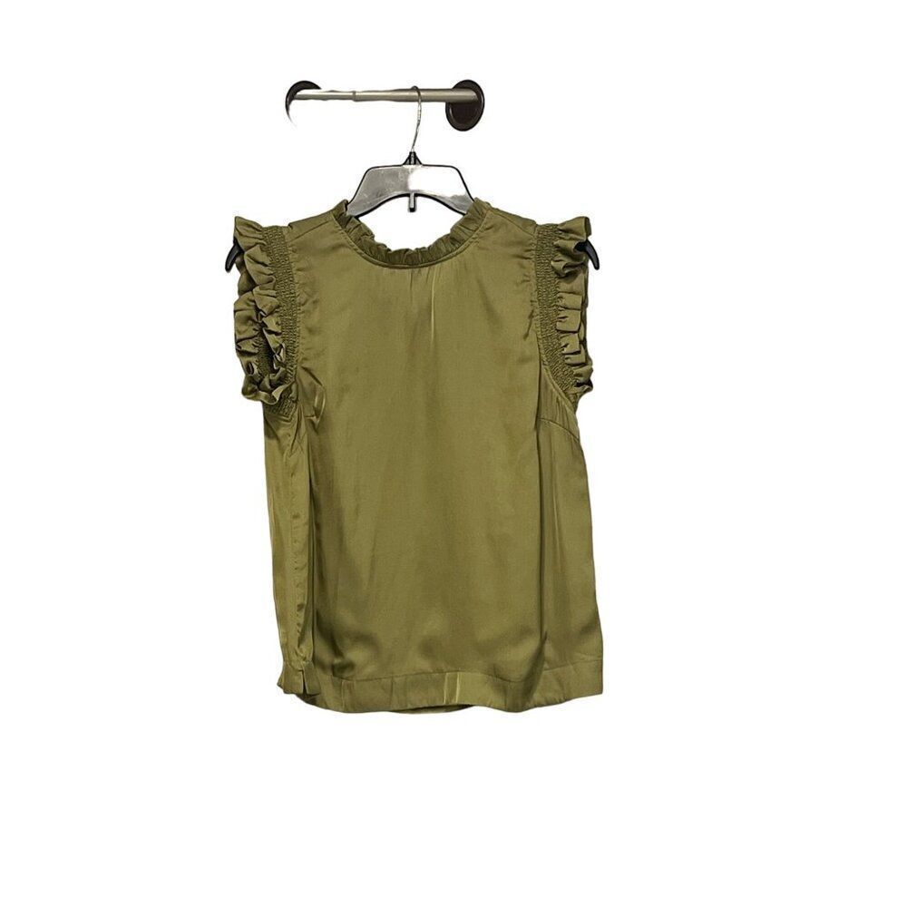 T Tahari Women’s Ruffle Trim Sleeveless Satin Blouse, Olive Green, S - Picture 10 of 12